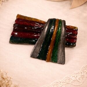 Vintage ELLE Pewter Kimono Brooch Modernist Asian Robe Statement Pin